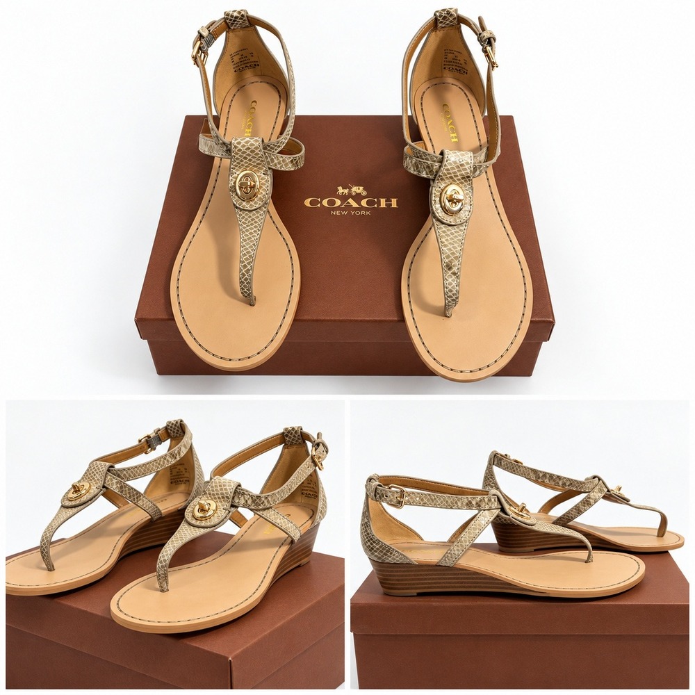 Coach G1144 Snakeskin Embossed Leather Wedge Thong Sandals Mens 8B Natural Gold